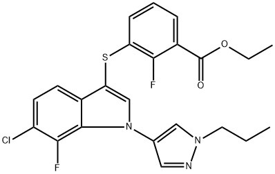 Benzoic Acid, {{0}[6-chloro-7-fluoro-1-(1-propyl-1H-pyrazol-4-}yl){ {8}}H-indol-3-yl]thio]-2-fluoro-, Ethyl Ester (ACI) CAS No.: 1782070-73-8