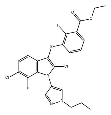 Benzoic Acid, 3-[[2,6-dichloro-7-fluoro-1-}(1-propyl-1H-pyrazol-4-}yl )-1H-indol-3-yl]thio]-2-fluoro-, Ethyl Ester (ACI) CAS No.: 1782070-79-4