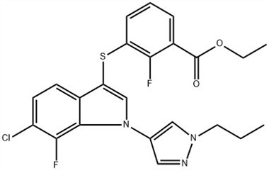 Benzoic Acid, {{0}[6-chloro-7-fluoro-1-(1-propyl-1H-pyrazol-4-}yl){ {8}}H-indol-3-yl]thio]-2-fluoro-, Ethyl Ester (ACI) CAS No.: 1782070-73-8